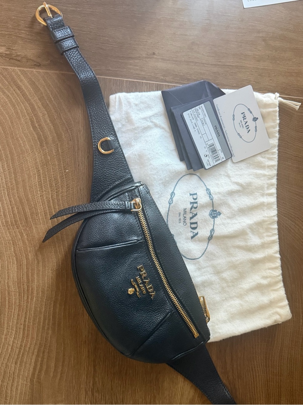 Prada Black Leather Mini Belt Bag with Gold Hardware